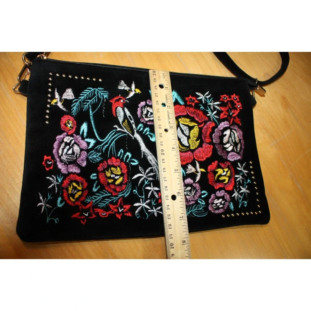 Black Embroidered Crossbody Bag Floral Bird Unbranded Adjustable Velvet Purse